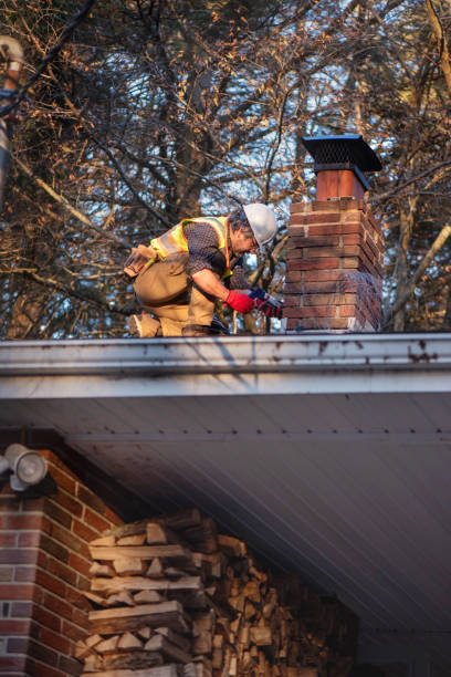 istock Skilled tradesman waterproofs brick chimney components during maintenance. Middle-aged worker applies cement coating while perched on steep residential rooftop 2201414542
