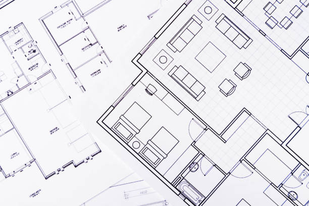istock Construction background. House plan on table texture. Working drawings of a house project design. 2201416702