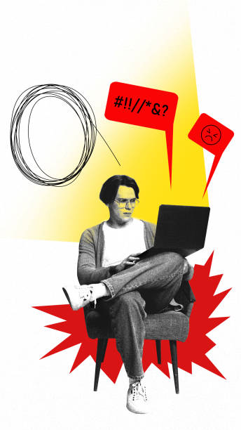 istock Creative artwork. Man, hater angrily types, surrounded by reactions, caught in cycle of arguing, seeking attention, and chasing online fame. 2201417708