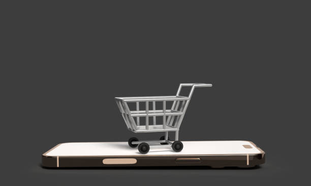 istock Shopping cart smartphone mobile phone device mockup empty blank object telecom technology electronic digital marketing product online shopping ecommerce sale business order buy sell package delivery 2201418249