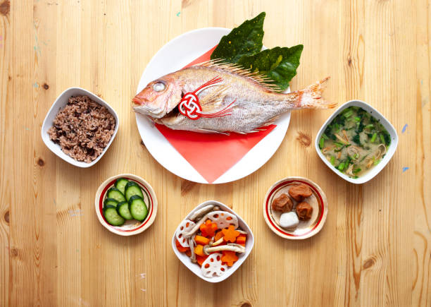 view from above of an okuizome meal, a Japanese tradition celebrating a child turning 100 days old, including broiled Red Sea bream decorated with leaves and red paper, soup, pickled plums, simmered vegetables, pickled vegetables, and red bean rice.
