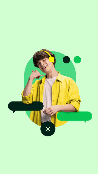 istock Creative art design. Man wearing headset, making call gesture with hand, surrounded by chat bubbles, symbolizing customer communication service. 2201420181