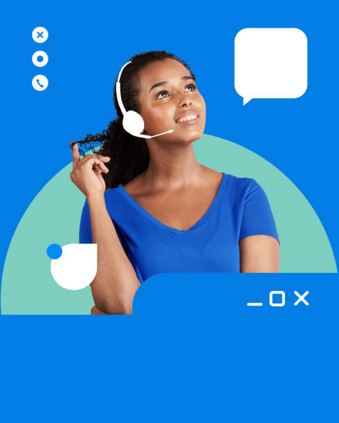 istock Creative art design. Woman in white headset, touching hair, looking up, surrounded by chat symbols, representing professional and friendly online service. 2201420183