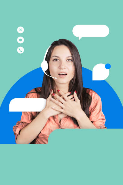 istock Creative art design. Female manager in headset, looking shocked, surrounded by chat bubbles, symbolizing unexpected service call. 2201420190