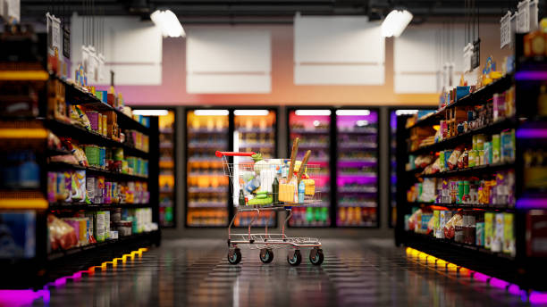 istock Supermarket aisle with empty red shopping cart. 3d illustration 2201420722