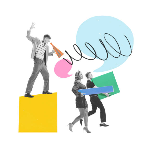 Conceptual art collage. Leader standing on block shouting into megaphone, while workers carry geometric shapes, with speech bubbles swirling around. Concept of communication and business, teamwork.