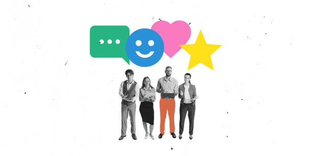 Contemporary art collage. Group of professionals, standing with digital devices, facing camera against white background with speech bubble, heart, and star icons above.