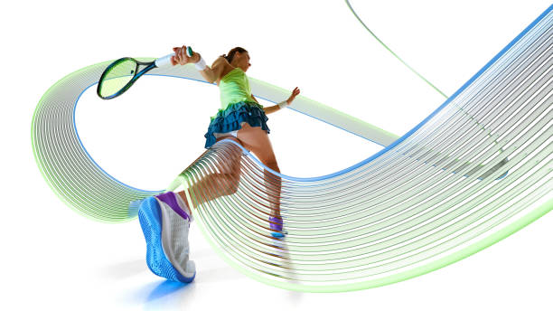 Sport collage. Tennis player swinging racket with focused expression as motion lines create rhythm against crisp white background. Concept of sport, agility, coordination, competitive drive.