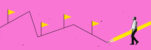 istock Composite image. Businessman walking along with yellow pencil while marking progress with yellow flags against pink background. 2201431341