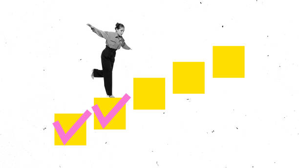 Composite image. Businesswoman balancing on yellow steps with pink checkmarks against textured white background.