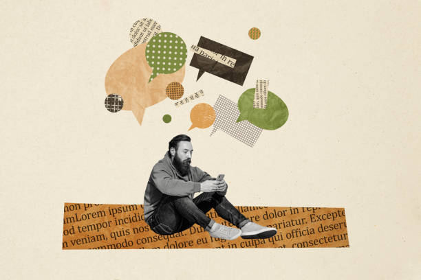 Creative collage image sitting young man smartphone social media communication textboxes speech literature book background