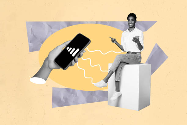 istock Composite collage of beige background black white silhouette young lady sit platform hand hold smartphone cell internet antenna signal global contact 2201432541