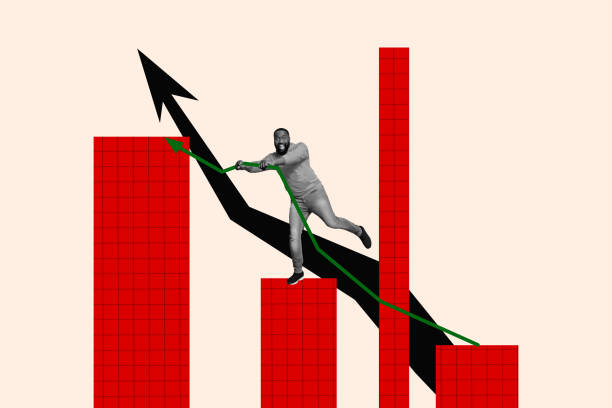 istock 3D photo collage composite trend sketch image of young guy work project manager analyze graphics arrow statistics grow stand on platform 2201432634