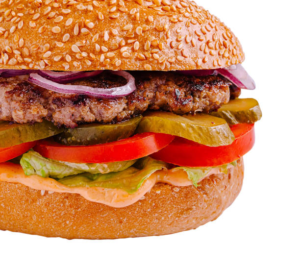 istock Delicious sesame seed bun hamburger with fresh toppings and juicy patty 2201437456