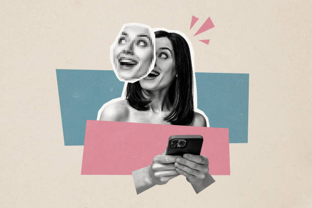 istock Composite photo collage of happy girl hold iphone face mask bipolar syndrome psyche problem naked shoulders isolated on painted background 2201437664