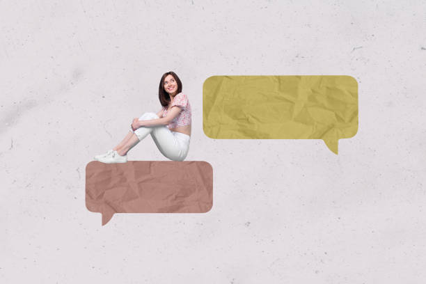 istock Sketch image artwork 3D collage of young attractive flirty lady sit down on huge text box sms cloud chat conversation message small talk 2201437744