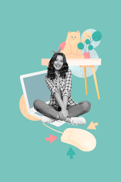 istock Vertical photo collage of pretty girl sit macbook device freelancer computer wired mouse table cat toy plant isolated on painted background 2201437756