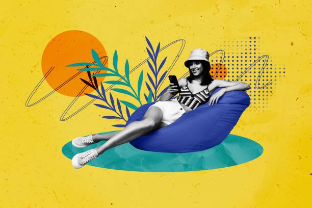 istock Creative image collage smiling young woman sitting smartphone online booking tickets vacation tourist journey drawing background 2201437804