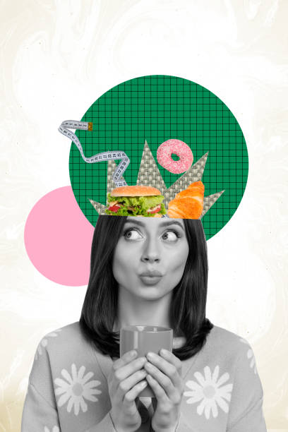 Vertical photo collage of girl pouted lips head hole thought junk food hunger donut burger carbs measure tape isolated on painted background Vertical photo collage of girl pouted lips head hole thought junk food hunger donut burger carbs measure tape isolated on painted background. brat burger stock pictures, royalty-free photos & images