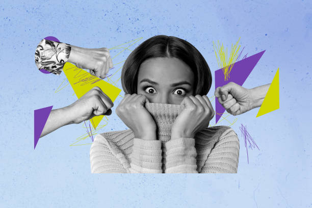 istock Composite photo collage of scared young girl hide pullover collar hands show fists attack hate bullying isolated on painted background 2201438083