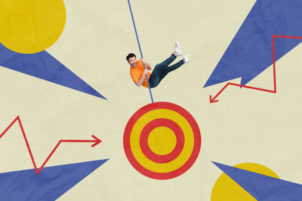 istock Photo collage artwork composite sketch image of silhouette young active man hang hold target goal arrows stats grow up show direction 2201438372