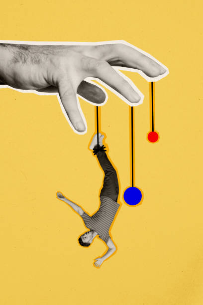 istock Composite trend artwork sketch image 3D photo collage of manipulation marionette master rope on fingers hold in hand young man hang down 2201438376