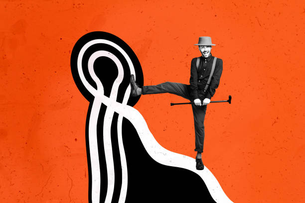 Artwork composite collage of orange color black white line element silhouette active retro style young dancer man vintage stick hold hand.
