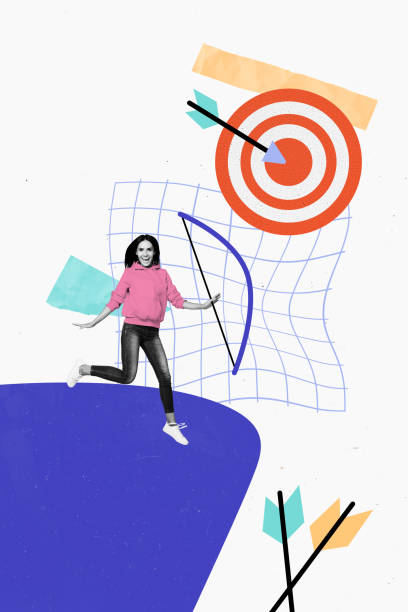 istock Vertical collage image young happy joyful woman archer hit target checkered background achieve goal aim persistence determination 2201438876