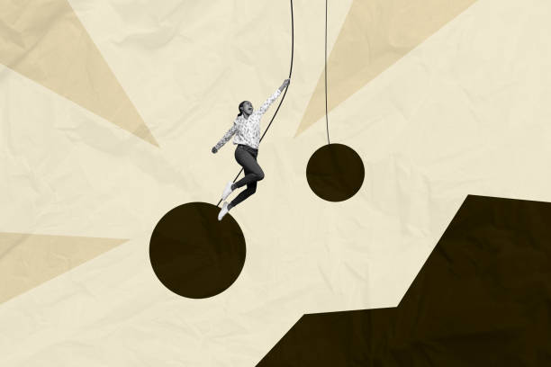 istock Trend artwork photo collage of beige background huge black mountain geometry elements point young lady fly superhero climb competition 2201440473