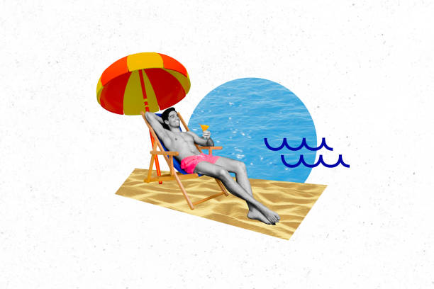istock Creative image collage young lying man fit naked torso beach sand seaside resort vacation drawing background ocean rest 2201441382