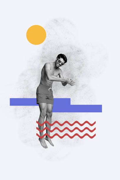istock Vertical creative picture collage young cheerful handsome man jump water pool seaside beach vacation diver sunny summertime weather 2201441571