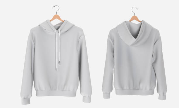 istock Blank hooded sweatshirt mockup with line on wooden hanger realistic collections. Empty textile casual apparel with sleeve, isolated. Cotton crew neck tee design model for print. 3D Illustration 2201441823