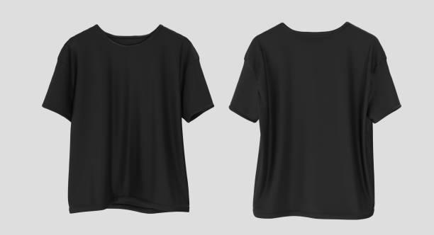 istock Blank black t-shirt mockup, front and back view. Empty textile casual apparel with sleeve mock up, isolated. Clear cotton crew neck tee design model presentation for print. 3D Illustration 2201441826