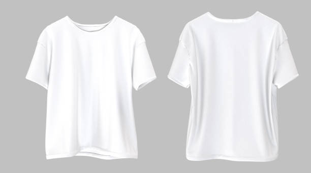 istock Blank white t-shirt mockup, front and back view. Empty textile casual apparel with sleeve mock up, isolated. Clear cotton crew neck tee design model presentation for print. 3D Illustration 2201441831
