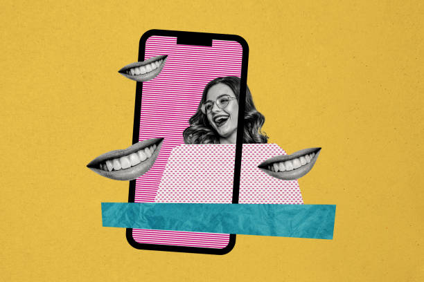 istock Creative collage young beautiful woman smartphone blogger social media network psychedelic concept mouth caricature drawing background 2201442871