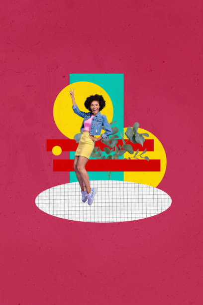 istock Composite sketch image photo collage of red colored background young attractive lady style clothes dance carefree geometric elements 2201443090