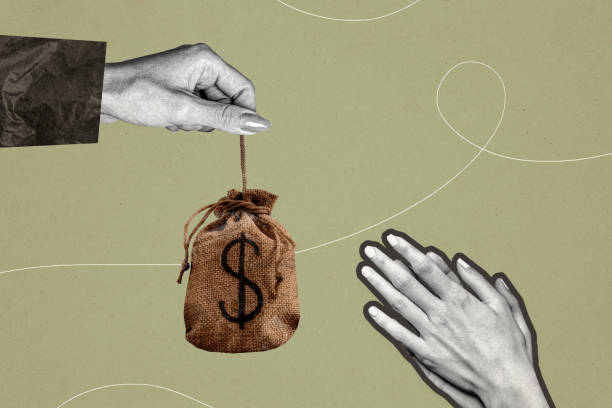 istock Creative collage image human hands ask money take hold dollars bag millionaire income earnings wealthy investor drawing background 2201443397