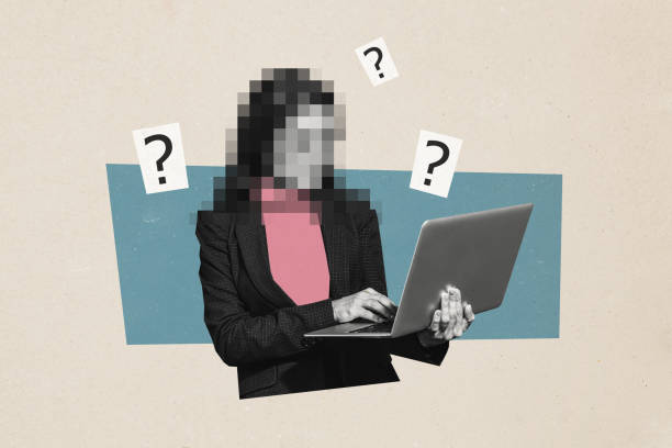 istock Composite photo collage of anonym blurred human sit macbook device browsing type news freelance work isolated on painted background 2201443449