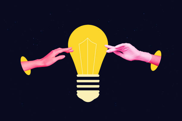 istock Trend artwork sketch composite photo collage of dark background huge lamp light idea bulb two hand arm wear glove reach out make choice 2201443496