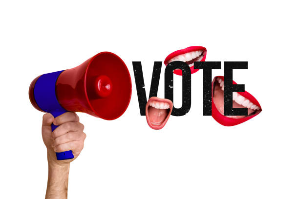 Creative poster collage vote agitation loudspeaker vote psychedelic mouth caricature president election campaign drawing background
