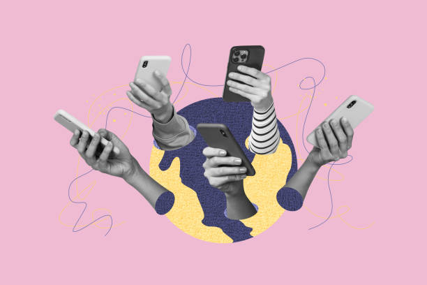 istock Creative image collage human hands holding smartphones digital era devices social network addicted users drawing background 2201443891