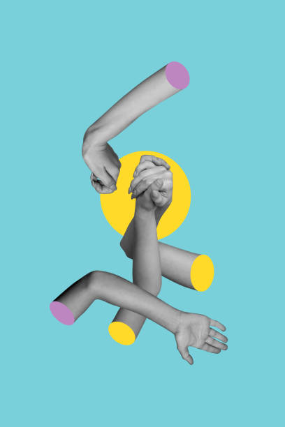 istock Creative vertical collage picture human hands hold each other psychedelic concept 3d arms drawing background body fragments 2201443902