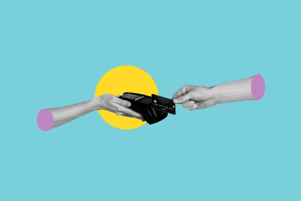 istock Creative collage image human hands 3d arms terminal pos payment buy purchase contact credit card nfc drawing background 2201443904
