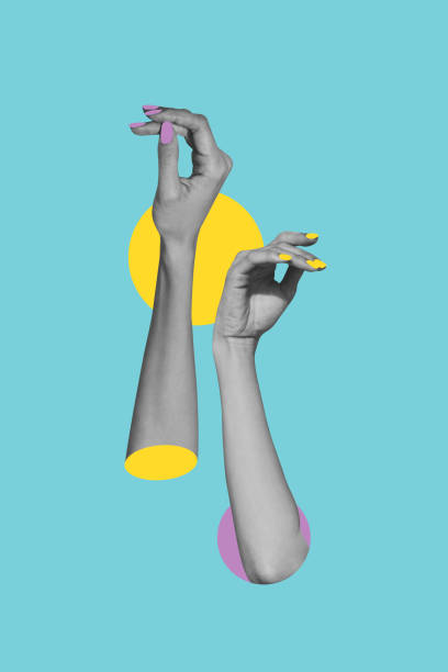 istock Vertical image collage human hands painted nails spa salon cosmetics decoration 3d body fragments fashion girlish drawing background 2201443910