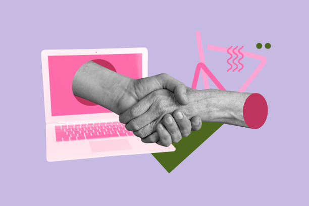 istock Composite photo collage of hands hold together distant love correspondence macbook device cooperation isolated on painted background 2201443946