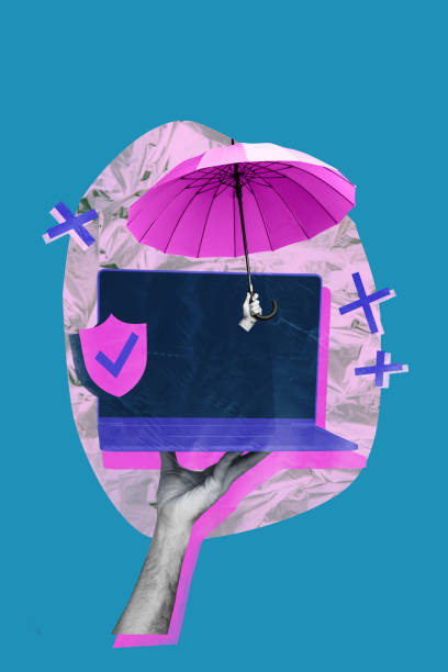 istock Sketch composite artwork photo collage of laptop computer hand hold protected system service umbrella shield cover device security data 2201444066