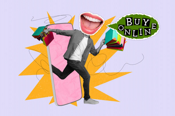 istock Composite photo collage of man instead head mouth purchase black friday discount iphone online order sale isolated on painted background 2201444100