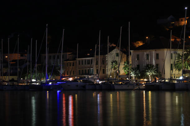 Old Harbour in Vis town, Vis island, Croatia, by night