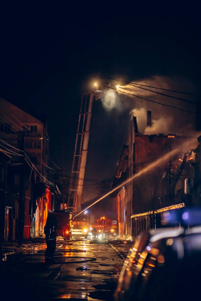 Kyiv, Ukraine - January 26 2025: fire truck on street near residential buildings