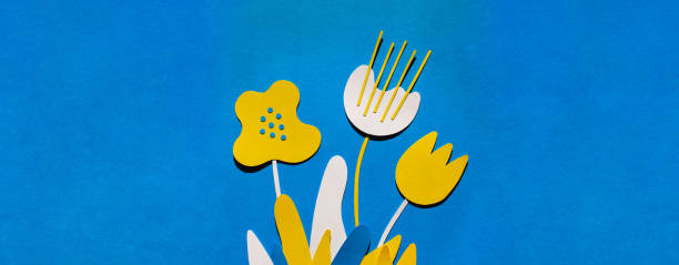 istock White, yellow handmade paper flowers on blue background with shadows. Spring or summer season minimal background 2201445252